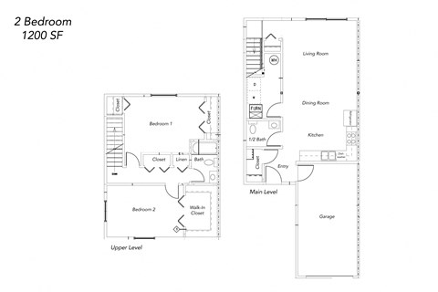 Floor plan for 2 beds, 1.5 baths, 1200 sqft